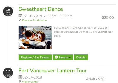 Screenshot of the events page on the Friends of Fort Vancouver page shows the timeline style event listing